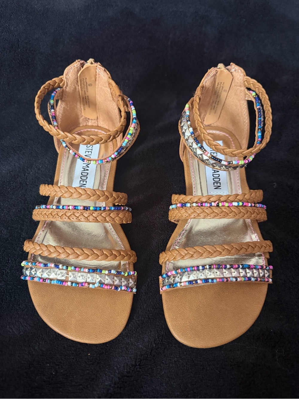 Steve Madden Kids Tan Braided Multi-Bead Ankle Strap Sandals New without tags.